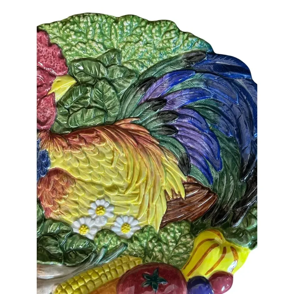 Fitz and Floyd 1996 Vibrant Colorful 'Coq du Village' Majolica Rooster Plate